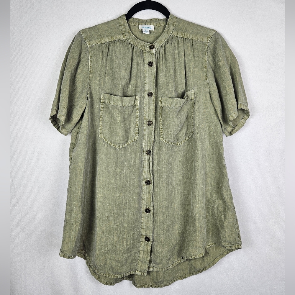 Sundance 100% Linen Cottagecore Earthy Button Front Short Sleeve Blouse Green S
